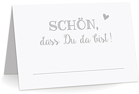 KuschelICH Premium Tischkarten Schön, DASS Du da Bist! mit Herz - Platzkarten zum selbst Beschriften (Grau, 50)