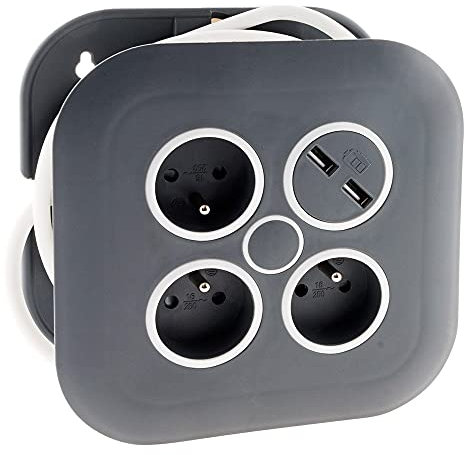 Zenitech - Enrollador doméstico 3 tomas 2P+T 16A + disyuntor + 2x USB - 7 metros - Gris/Blanco