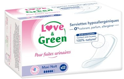 Love & Green - Serviettes Incontinence/Fuites urinaires - Protections écologiques absorbantes pour fuites urinaires légères à modérées - MAXI NUIT - 12 unités