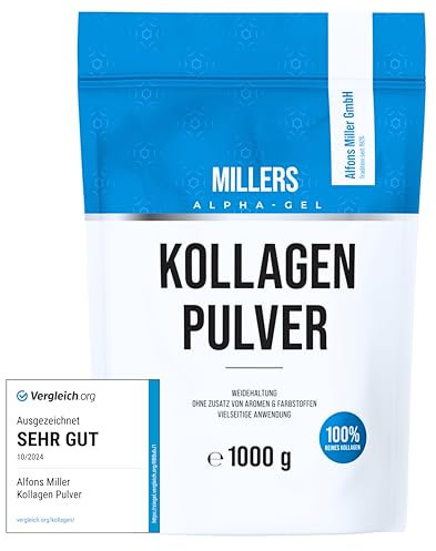 100% reines Kollagen Pulver – Kollagen Peptide – Collagen Protein – Millers Alpha-Gel 1000 g – Ohne Zusatzstoffe – Geschmacksneutral – Collagen Pulver in Deutschland hergestellt