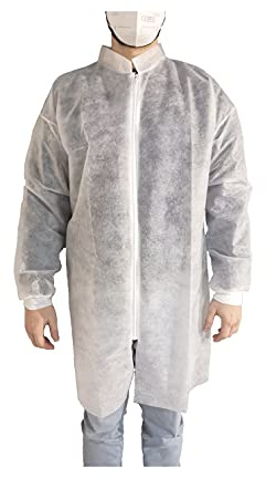 10 Weiße Schutzkittel einweg OneProtek - Reißverschluss und Langarm-Einmalkittel - Einheitsgröße (105 cm)