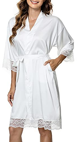 Tuopuda Bademantel Damen, Satin Kimono Morgenmantel Sommer, Nachthemd Spitze mit Taschen Kurz Robe mit Gürtel Blumenspitze Nachtwäsche Sleepwear für Party Hochzeit Braut Brautjungfern, Weiß, M