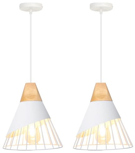 TOKIUS Lámpara Colgante Vintage Lámpara de Techo Interior Estilo Creativa Jaula de Hierro con Madera E27 Lámparas Araña para Dormitorio Sala Comedor, 25CM (Blanco, 2 Piezas)