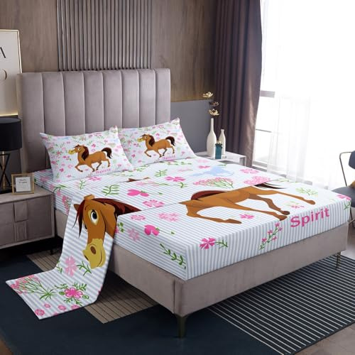 Feelyou Girls Horse Sheet Set Kids Cartoon Farmhorse Floral Bedding Set for Toddler Baby Girl Pink Blue Stripe Bed Sheets Breathable Spirit Horse Animal Bed Sheet Set Room Decor Bed Set Twin Size