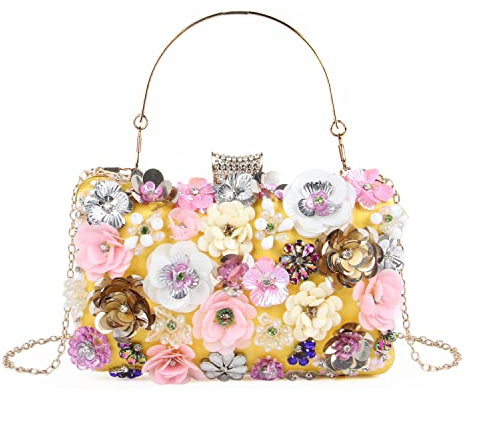 Fecialy Blumen Clutch Abendtaschen für Damen mit bunten Blumen Metall Strasssteinen Abend Clutch Geldbörse Hochzeit Party Handtaschen,Gelb