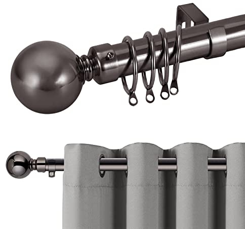 Hafaa Curtain Poles Plain Metal Ball Adjustable Decorative Window Curtain Pole Includes 120 to 210 cm Extendable Curtain Rod, 60mm Size Classic Finials, Rings, Brackets & Fittings Set, Black Nickel