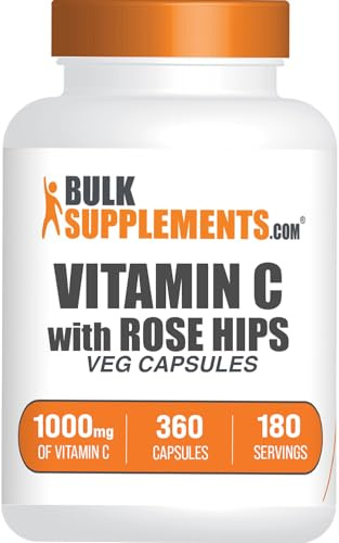 BulkSupplements.com Vitamin C with Rose HIPS Capsules - Ascorbic Acid Supplemnet, Rose HIPS for Immune Support - Vegan, 2 Capsules per Serving (1000mg), 360 Count (Pack of 1)