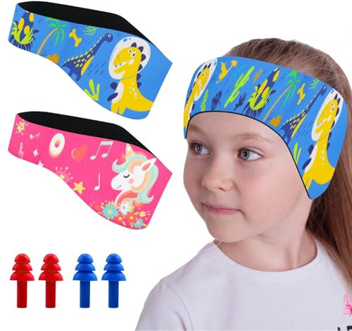 KIKVTER Stirnband Schwimmen Kinder, 2 Stück Ohrenschutz Schwimmen Kinder, Schwimm Stirnbänder mit Ohrenstöpsel, Neopren Stirnband, Wasserdichtes Kopfband Haarband für Wassersportarten