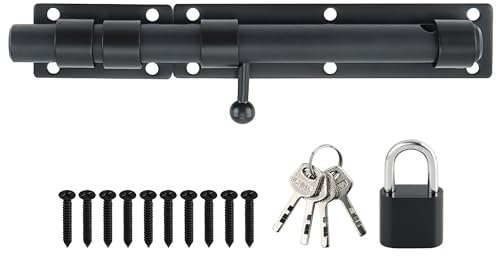 SAYAYO Slide Gate Latch Bolt for Wooden Gates Garden Door Lock with Padlock & 4 Keys, SUS304 Stainless Steel Matte Black, 230MM Length, 19MM Dia Bar