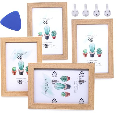 NVGFTG Set di 4 cornici portafoto in legno da 10 cm x 15 cm, con vetro acrilico per tavolo e decorazione da parete, con supporto e gancio (colore legno)
