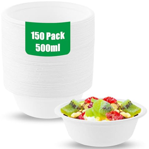 YOUNTHYE 150 cuencos desechables de 500 ml, compostables, blancos, redondos, de caña de azúcar, bagazo desechables, robustos y respetuosos con el medio ambiente para fiestas, bodas, picnics