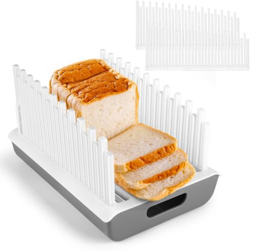 YONGAIJIA Bread Slicer Guide for Homemade Bread with 304 Stainless Steel Sheet and Storage Tray、3-Slice Thickness，Adjustable Width for Cake、Bagels、Toast.
