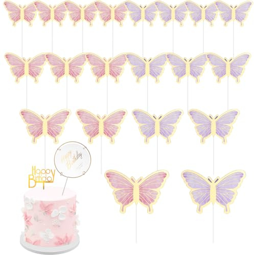 Coptiner 22 st glitter fjäril tårtdekorationer set 3D levande konst fjäril cupcake för bröllopsfest födelsedagstårta livsmedel dekorationer (rosa och lila)
