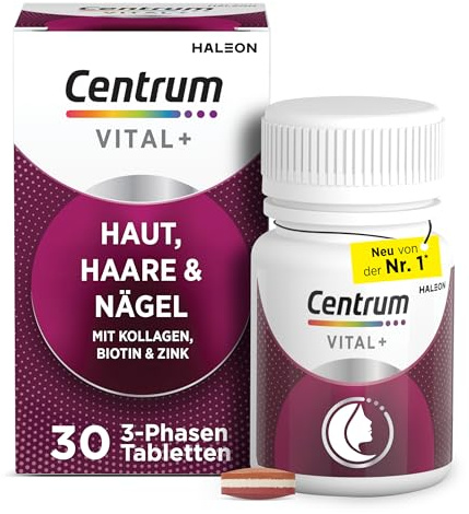Centrum Vital+ Haut, Haare & Nägel, Hochwertiger Nährstoffkomplex für Schönheit von Innen2 & Zellregeneration3, mit marinem Kollagen, Hyaluronsäure, Biotin, Zink, Vitamin C, 30 Tabletten