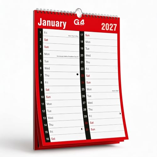 G4GADGET Calendrier mural 2026 A4 mensuel à 2 colonnes à spirales avec jours fériés britanniques | Organiseur mensuel à suspendre pour la maison, le bureau, l'école et le travail