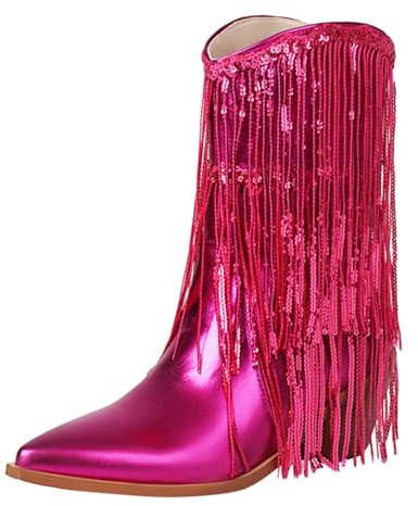 Bottes pour Femme Talon Carré Paillettes Bottes à Franges Botte mi Mollet Hipster Club Fête Escarpins Haute Botte au-dessus du Genou Boots Élégants Cuissardes Chaussures Steampunk Gothique