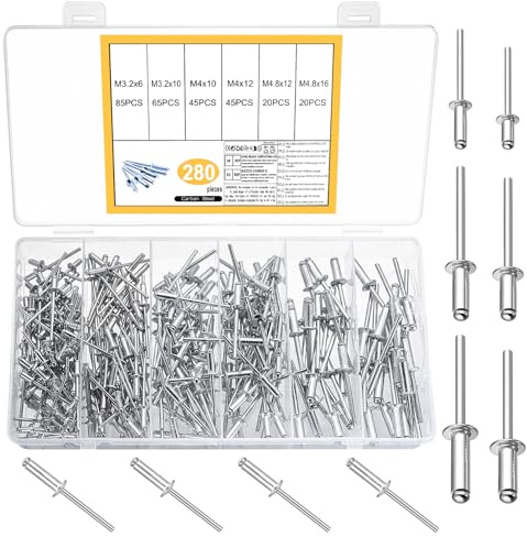 280 Pcs Pop Rivets Assortment Kit, Aluminum Blind Rivet Assortment, Pop Blind Rivets Set, Large Flange Rivet for Metal, Furniture, Plastic(Silver, M3.2x6/10mm, M4x10/12mm, M4.8x12mm)