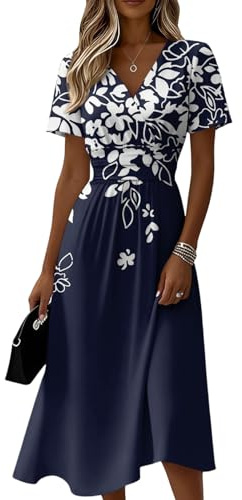 Vestido de Verano Mujer 2026 Elegante - Vestido Corto de Fiesta con Cuello en V, Manga Corta y Estampado Floral para Playa, Boda como Invitada o Ocasiones Especiales
