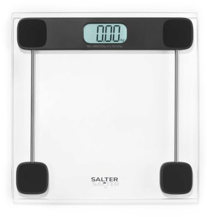 Salter Elektronisk personvåg – badrumsvåg i glas, transparent säkerhetsglas, klar LCD-skärm, digital personvåg 180 kg, 100 g, step-on-funktion