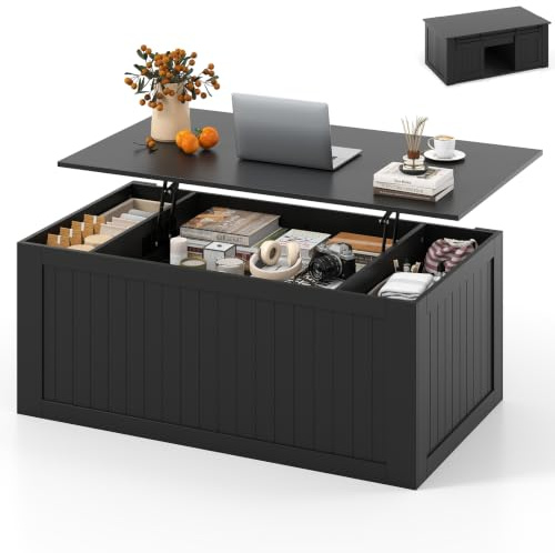 COSTWAY Lift Up Top Coffee Table, 120cm Farmhouse Tea Table (Black) | with Barn Sliding Doors, Cabinets, Hidden Storage Compartment, Shelf, Lifting Center Dining Tables, for Living Room, Office