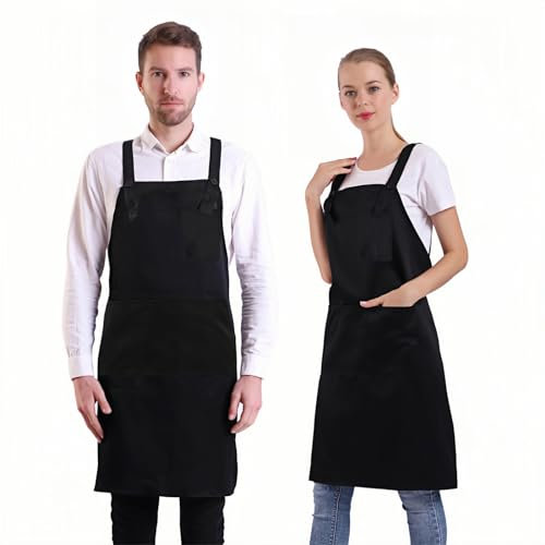 BIGHAS H-Stil Schürze mit Tasche für Damen und Herren, verstellbar, große Größe, bequem, Küche, Zuhause, Kochen, 12 Farben (Black)