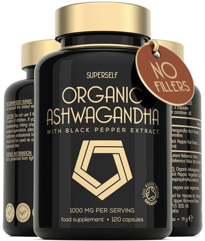 Organic Ashwagandha High Strength - 1000mg Ashwaganda 120 Capsules - Natural Support for Calm & Balance - Pure Root Powder with Black Pepper - Enhanced Absorption - Soil Association Organic Certified