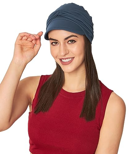 SAKUCHI Ballongmössa för kvinnor, kemo-huvudbonad, bambu turban, visir och avtagbart band (2 stycken), 95 % bambuviskos och 05 % elastan (stor), Metallgrå, En Storlek