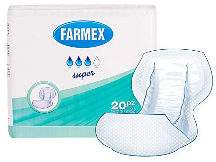 Farmex - Pannoloni per anziani e adulti - Pannolone Sagomato Assorbenza SUPER - Assorbente, Latex-Free, Anallergico - Delicato sulla Pelle - 20 PEZZI