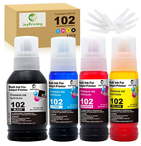 JoyPrinting 102 Ink Replacement for Epson 102 Ink Bottle Refills Compatible with Epson EcoTank ET-2750 ET-2700 ET-2756 ET-2850 ET-2856 ET-2851 ET-3700 ET-3750 ET-4750 ET-4850 ET-4856 (BK/C/M/Y, 4-PK)