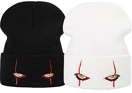 LANLYLGQ 2 stycken mössa vintermössa pennywise läskiga ögon mössa unisex män kvinnor stickad mössa broderi varm mössa skidmössa, Svart + vit, one size