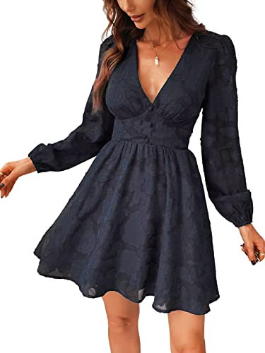 CUPSHE Women's Lace Mini Dress Long Sleeve Floral Print A Line Dress for Party Bodycon Dress Navy XL