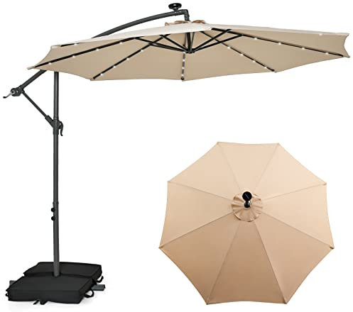 COSTWAY Parasol Déporté 3x3M, Grand Parasol de Jardin Extérieur Lumineux Solaire avec 2 Sacs de Sable, Base Croisée, Parasol Inclinable avec Manivelle, pour Balcon, Jardin, Terrasse Plage (Beige)