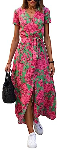 ORANDESIGNE Vestito Donna Estivo Casual Scollo a V Abito Lungo Elegante Manica Corta Vestito Boho Floreale Stampato Midi Abito da Vacanze Spiaggia Casual Vestiti con Cintura