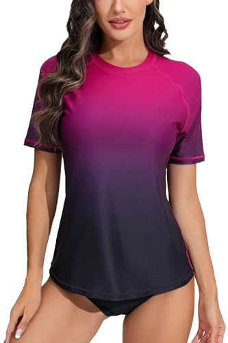 Halcurt Women's Short Sleeve Rash Guard Swimsuit Top with Built in Bra Swim Shirt UPF50+ Quick Dry Bathing Suit Ombre Black Purple L