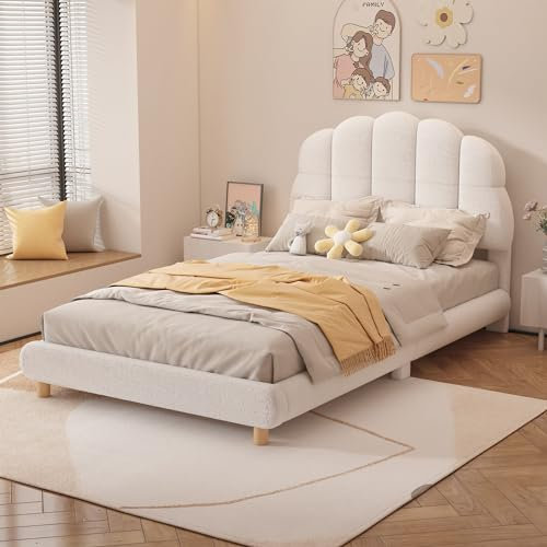 Merax Kinderbett Polsterbett 90x200cm, Einzelbett Bettgestell mit Lattenrost & Rückenlehne, süßes halbrundes Kopfteil, Gepolstertes Bett, weich Kreisvlies, Jugendbett für Mädchen, Ohne Matratz, Weiß
