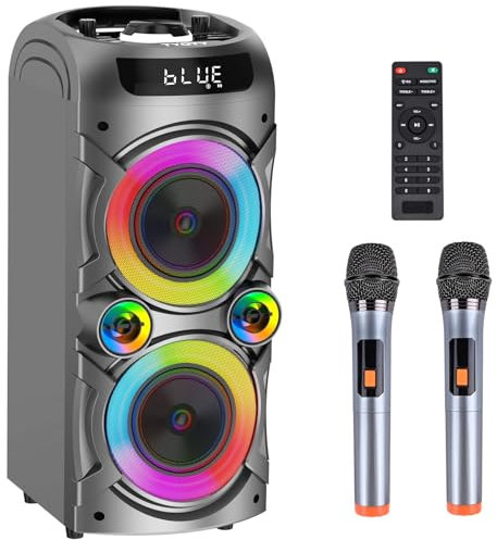Máquina de karaoke con 2 micrófonos inalámbricos, sistema PA portátil Gran altavoz Bluetooth con luces LED, soporte control remoto ajuste de graves/agudos, tarjeta TF/USB