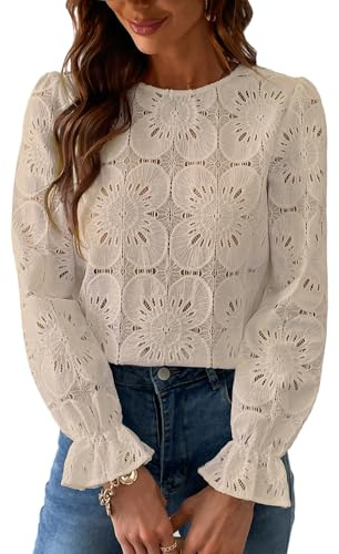 CUPSHE Blusa para mujer con recorte floral, cuello redondo, manga larga, puños elásticos, camisa elegante, caqui, L
