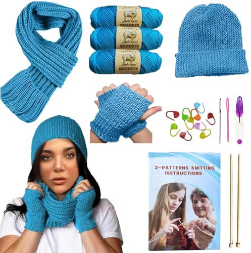 Kaaper Knitting Kit for Beginners Adults, Learn to Knit Crochet Starter Kit for Scarves, Hats & Gloves in Blue with Instruction Booklet, Wool Yarn, Knitting Needles, & Stitch Markers (Blue)