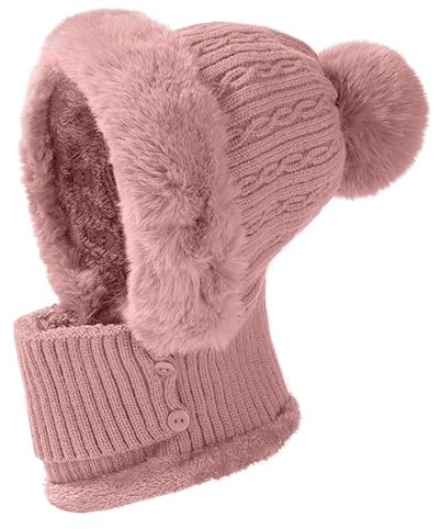 JFAN Bonnet d'hiver Chaud Tricoté Chapeau Femme Hiver Pompon Bonnet d'hiver pour Femme avec Doublure Polaire Sports De Plein Air Rose