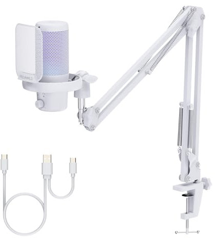 Feelworld VM1 USB Gaming Microphone with Cantilever Stand for Recording Podcasts, Video Games, Studio PC Microphone,White with Cardioid Pointing, RGB Lighting,Anti-Spray Mesh