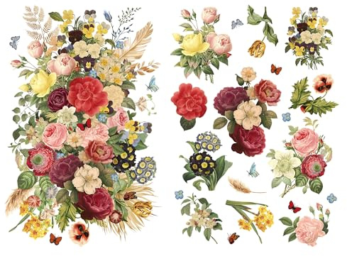 Joeyan Mixed Bouquets Rub On Transfers for Furniture and Crafts, 2 Large Flower Design Sheets 12''x18'', DIY Home Decal on Wood Glass Metal Canvas Porcelain Paper Plastic, Beauty and Fascination