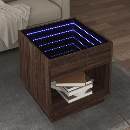 Myheimly Couchtisch, Beistelltisch mit Infinity-LED, Sofatisch Kaffeetisch für Wohnzimmer, Teetisch Wohnzimmertisch, Holzwerkstoff Glas Couchtisch Braune Eiche,50 x 50 x 50 cm
