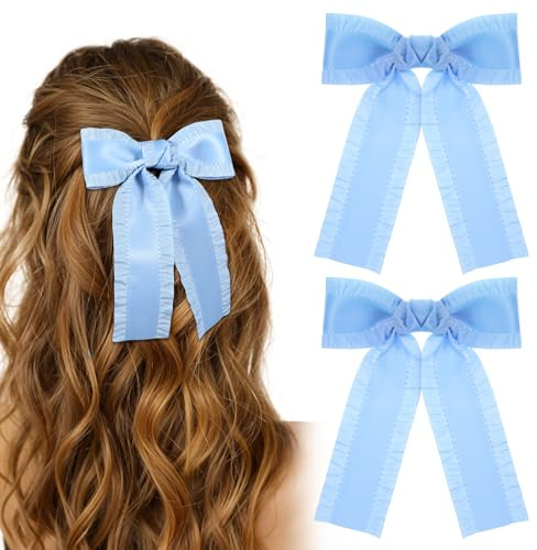 Nogeqi 2PCS Blue Ribbon Bows for Hair, Satin Ruffle Bow Hair Clip with Long Tail, Cute Ribbon Hair Bow Barrettes for Women Girls Ponytail Holder Accessories