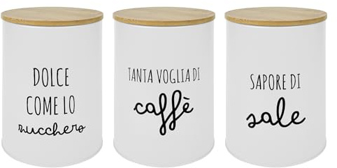 IlGruppone Set 3 Pezzi Barattoli Cucina Contenitori Certificati Contatto Alimentare Contenitore Sale Zucchero Caffè Moderne Scritte Barattolo Con Coperchio Ermetico Legno Bambù - Bianco Nuovo