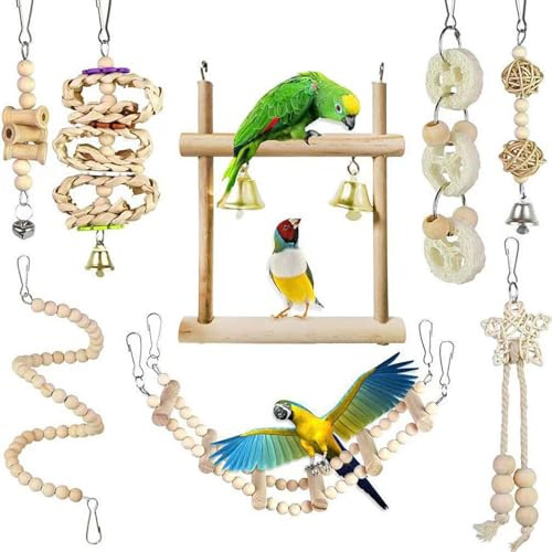 DIYBravo Jouets À Mâcher en Bois Naturel pour Perroquet, Clochette À Suspendre, Échelles Escalade Perché pour Oiseaux Balancoire pour Cage À Oiseaux, Convient pour Les Petites Perruches (8PCS)