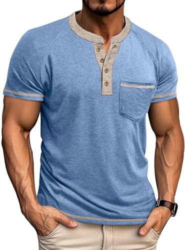 Henley T Shirt Mens Short Sleeve Summer Casual Smart Grandad Collar Tshirt Muscle Fit Collarless Shirts Top-Light Blue-2XL