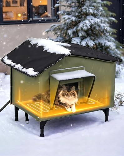 PETEMPO Heated Cat House Outdoor, Waterproof Insulated Winter Cat Shelter with Heating Pad (35-45°C), Elevated Base, Escape Door & Roof Window, for Multiple Cats, M (50x41x52 cm)
