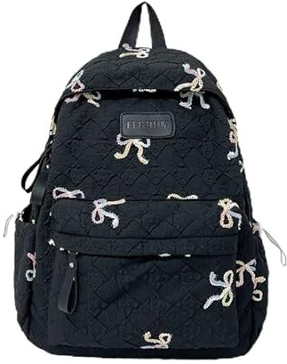 AVZYARDY Large Capacity Student Backpack for Girls Women, Nylon Laptop Rucksack with Bow, Aesthetic School Bag Multi-Pocket Daypack for College Travel Outdoor Picnic Camping-Black