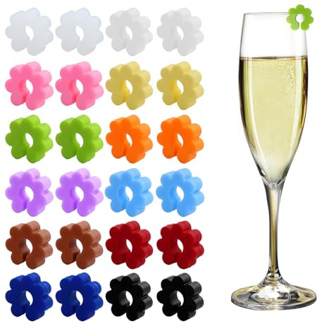 REBECCAGIBSON 24 Pennarelli per Vetro Colorati, Segnabicchieri Silicone, Segna Bicchieri Calici, Riutilizzabili Varie Tazze, Segnabicchieri Silicone Forma Fiore, per Bicchieri Vino