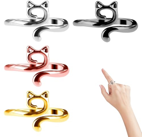 WUSJCOF Juego de 4 piezas de anillos ajustables para tejer y crochet, guía de hilo, dedal trenzado, soporte, lindos con diseño de gato, Häkelring y Strickzubehör, gancho de malla abierta(Multicolor)